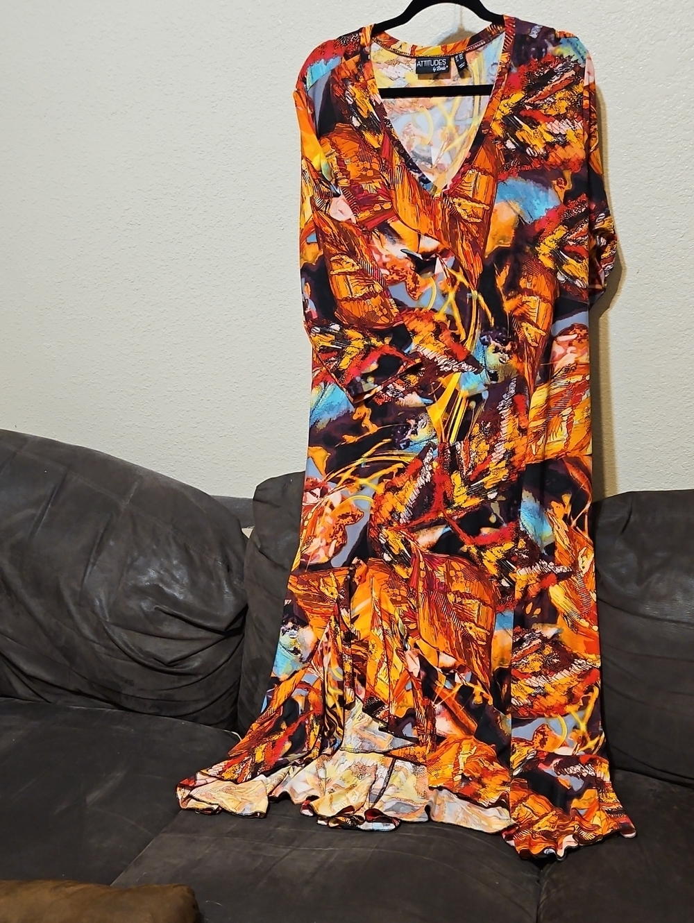Attitudes by Renee Vibrant Orange & Blue Abstract V-Neck Maxi Dress